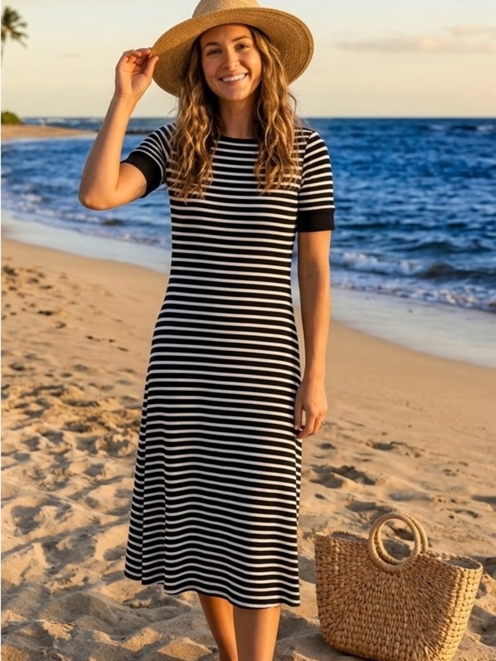 Ralph Lauren - Black and White Striped Midi Dress - Classic Everyday Style